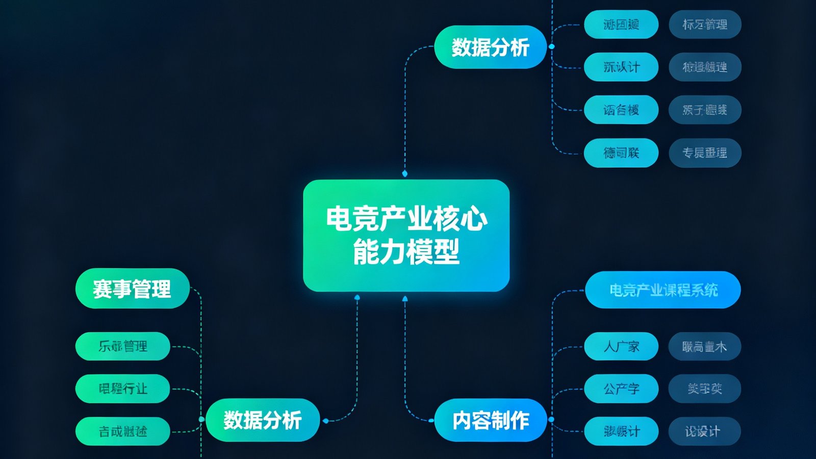 一张展示高校电竞专业课程体系的思维导图，中心是电竞产业核心能力模型，向外延伸出赛事管理、数据分析、内容制作等分支，配色清新专业。
