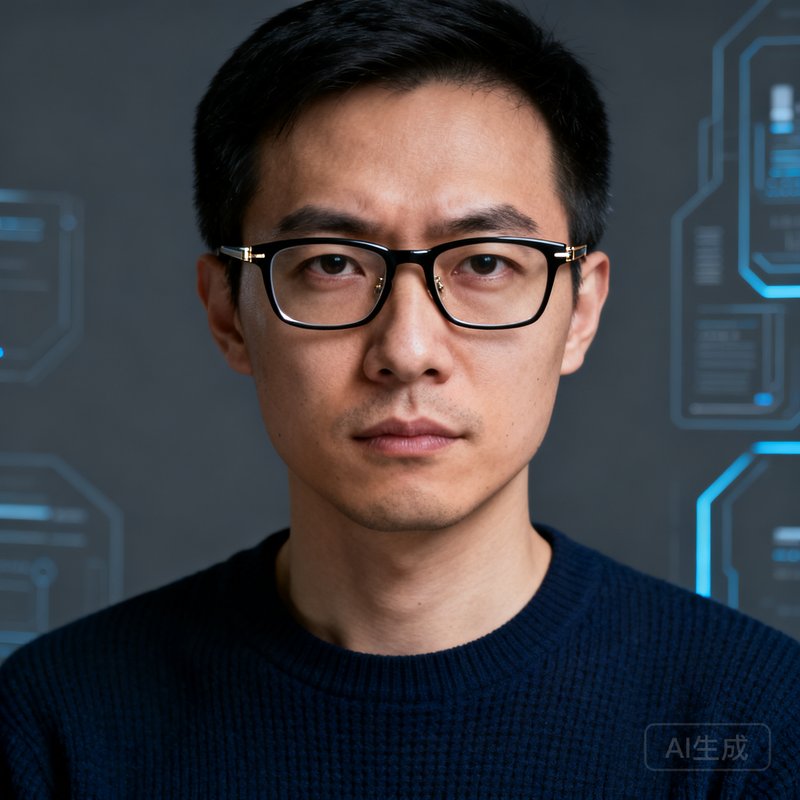 一位约30岁的男性数据科学家的专业肖像，戴着黑框眼镜，身穿深蓝色针织衫，背景为科技感的深灰色，表情略显严肃但眼神锐利，体现数据驱动的研究风格。